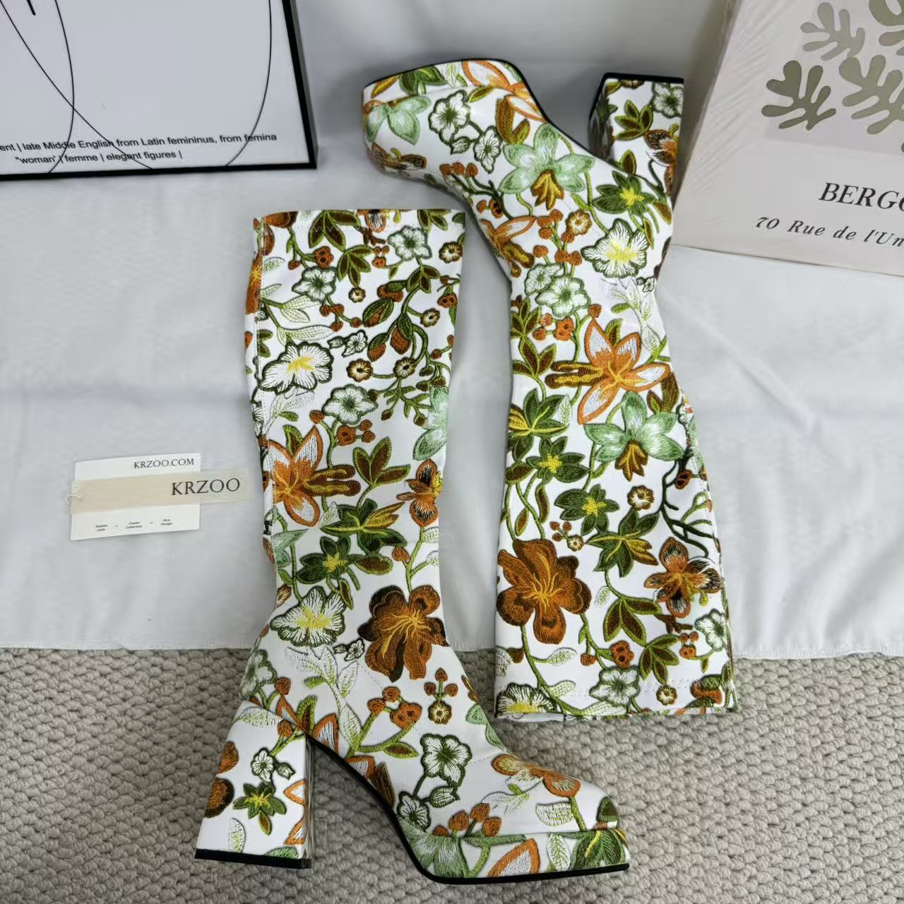 Color-block Floral Knee-High Boots