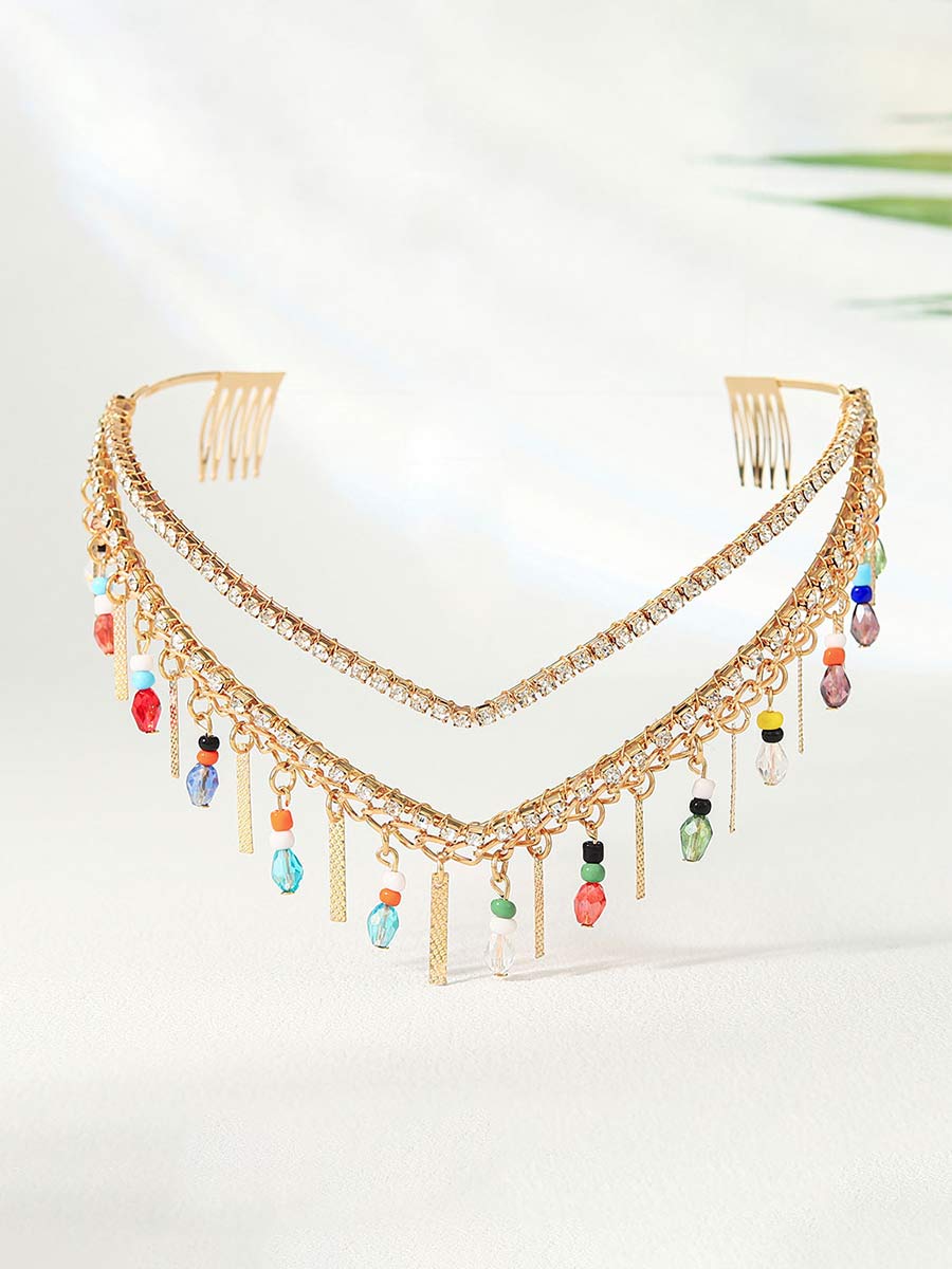 Rhinestone Crown with Colorful Beads & Swinging Tassels - Image 2