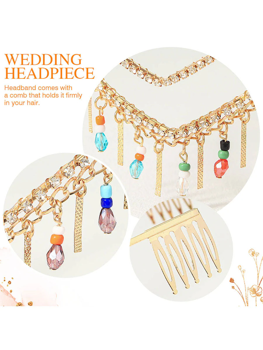 Rhinestone Crown with Colorful Beads & Swinging Tassels - Image 3