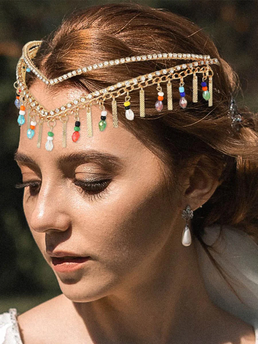 Rhinestone Crown with Colorful Beads & Swinging Tassels - Image 4