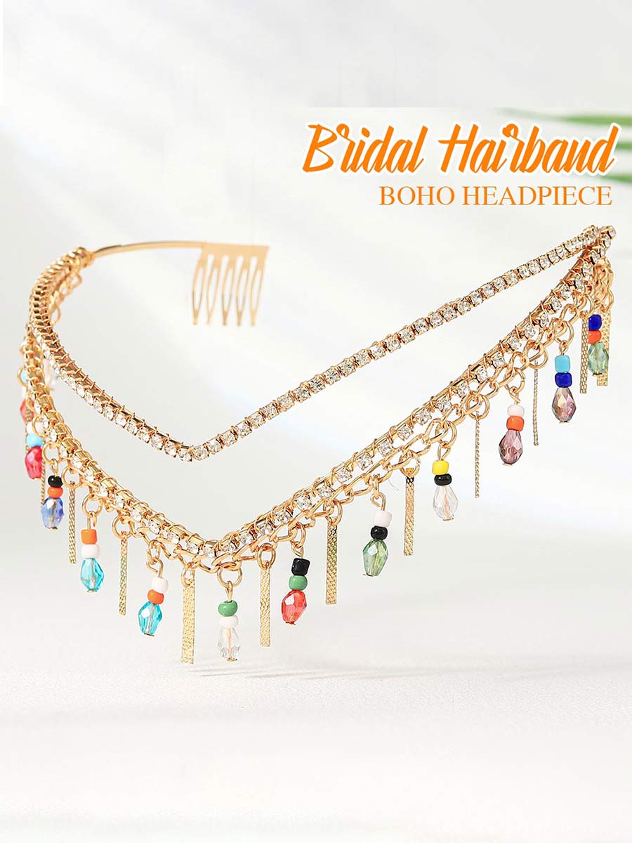 Rhinestone Crown with Colorful Beads & Swinging Tassels - Image 5