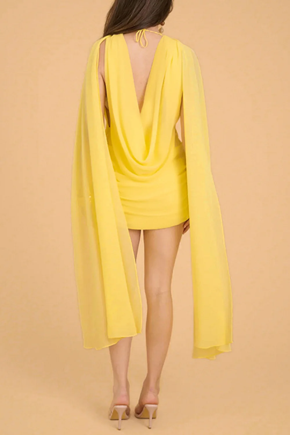 Cowl Neck Long Streamer Chiffon Pleated Mini Dress-Yellow - Image 3