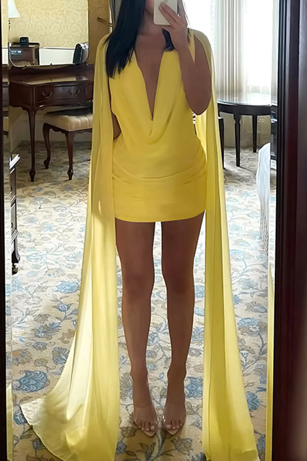 Cowl Neck Long Streamer Chiffon Pleated Mini Dress-Yellow - Image 7