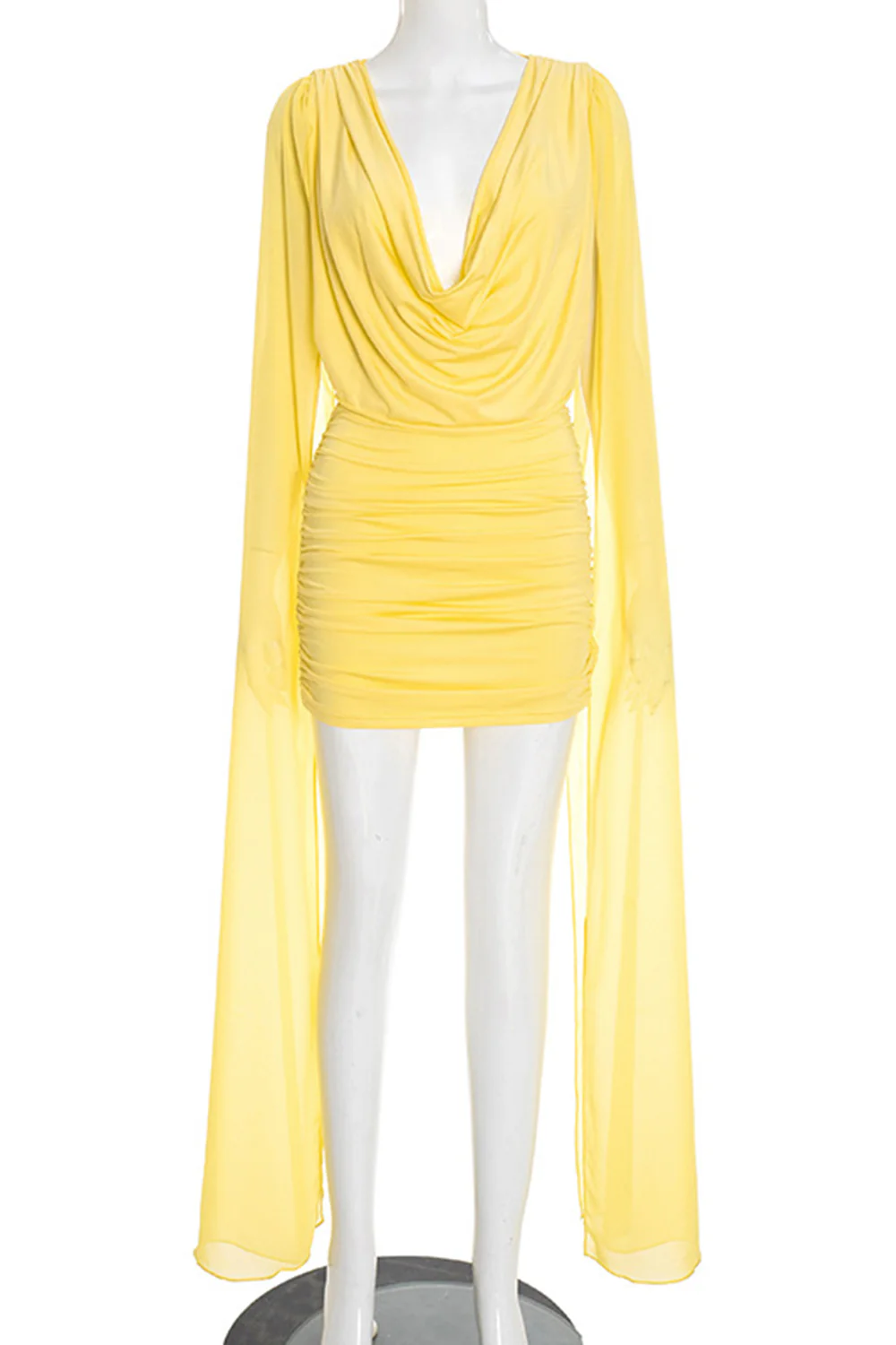 Cowl Neck Long Streamer Chiffon Pleated Mini Dress-Yellow - Image 8