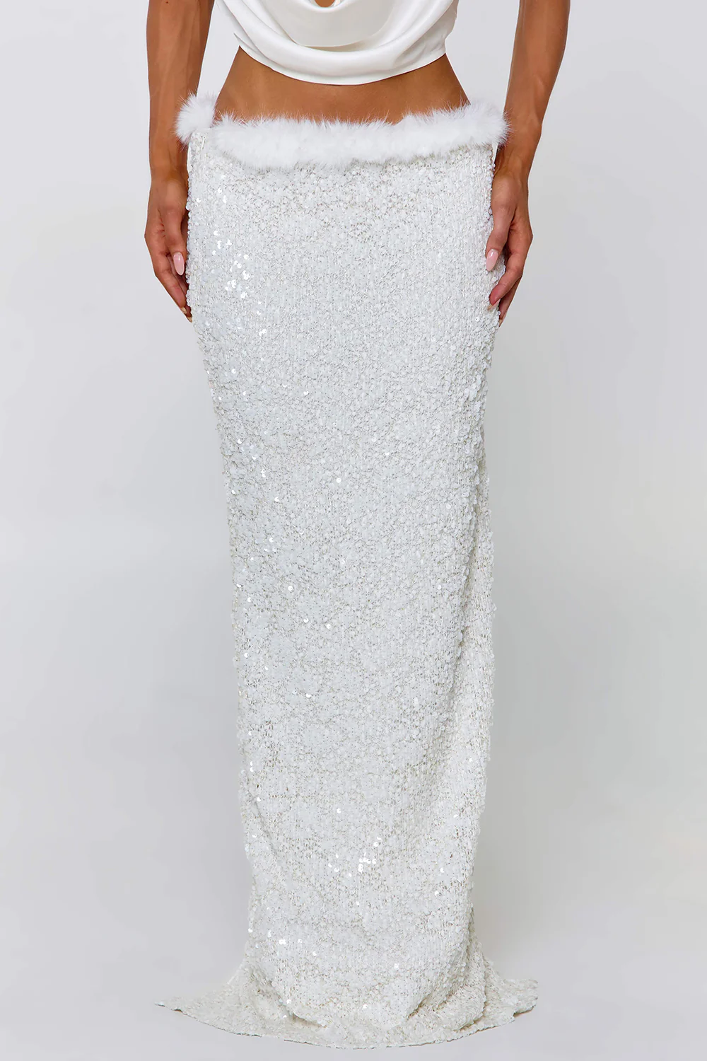 Cowl Neck Top Feather Sequin Maxi Skirt Party 2pcs Set-White Pre Order - Image 3