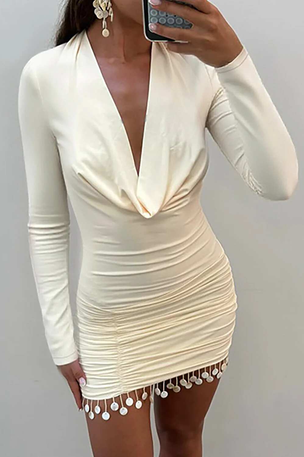 Cowl Neckline Long Sleeve Ruched Bodycon Fringed Trim Mini Dresses-Beige - Image 2