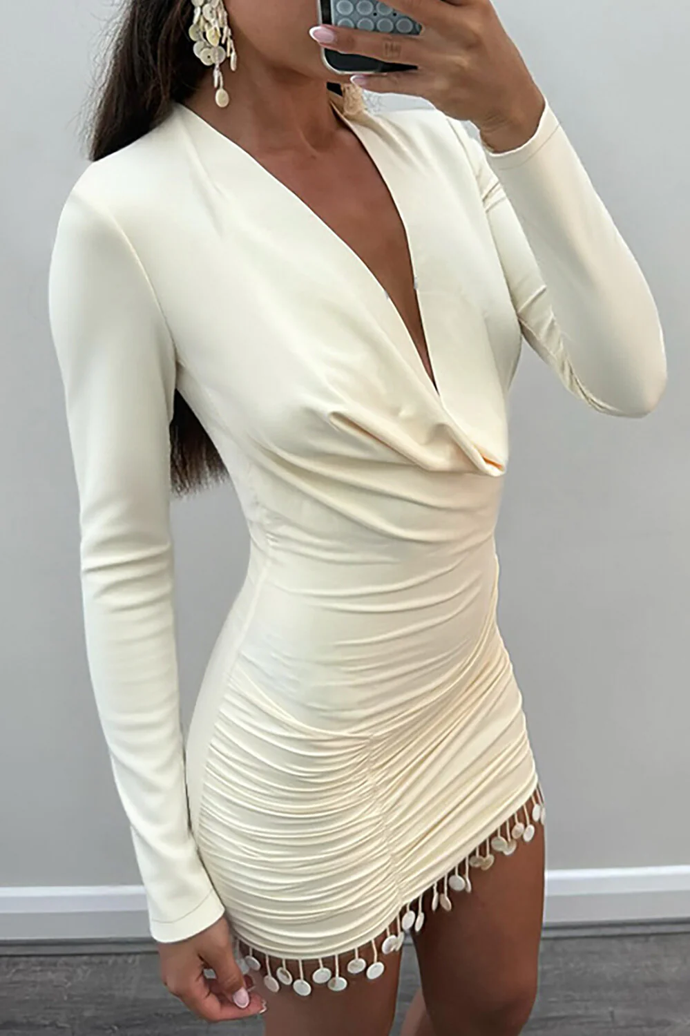 Cowl Neckline Long Sleeve Ruched Bodycon Fringed Trim Mini Dresses-Beige - Image 3