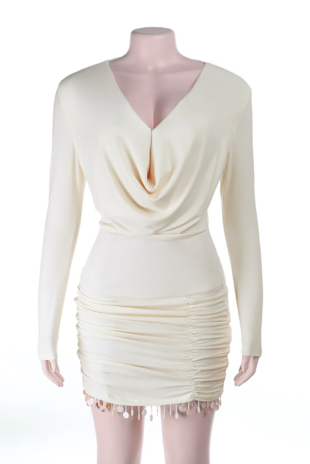 Cowl Neckline Long Sleeve Ruched Bodycon Fringed Trim Mini Dresses-Beige - Image 6