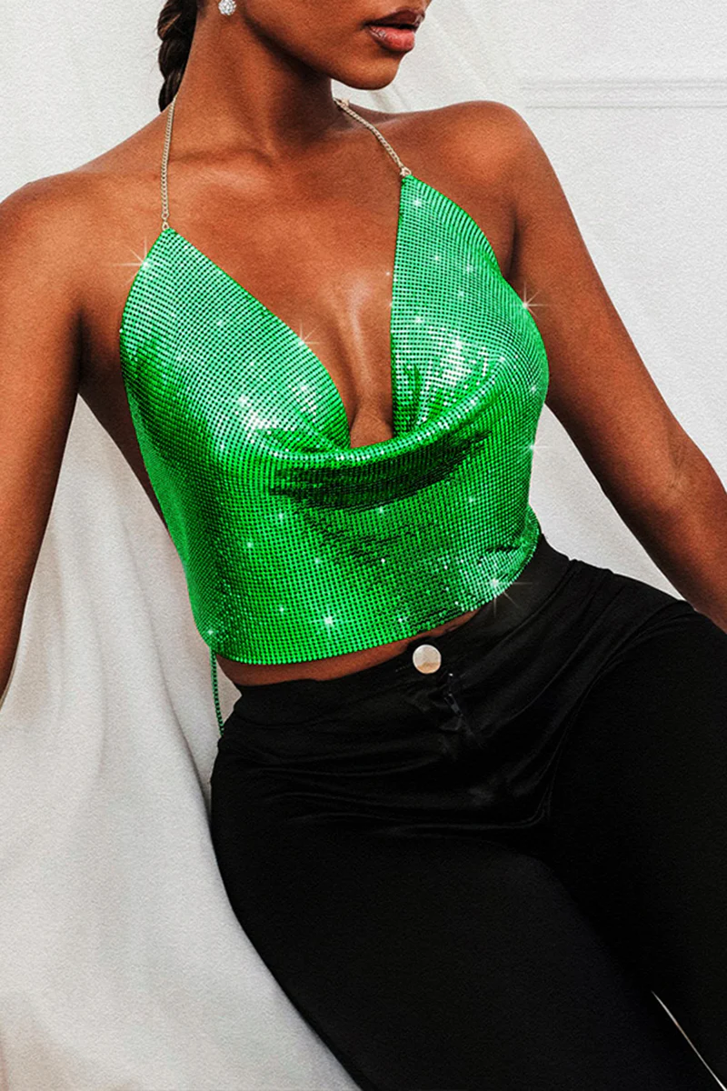 Cowl Neckline Sequin Party Shimmery Halter Crop Top Gold - Image 11
