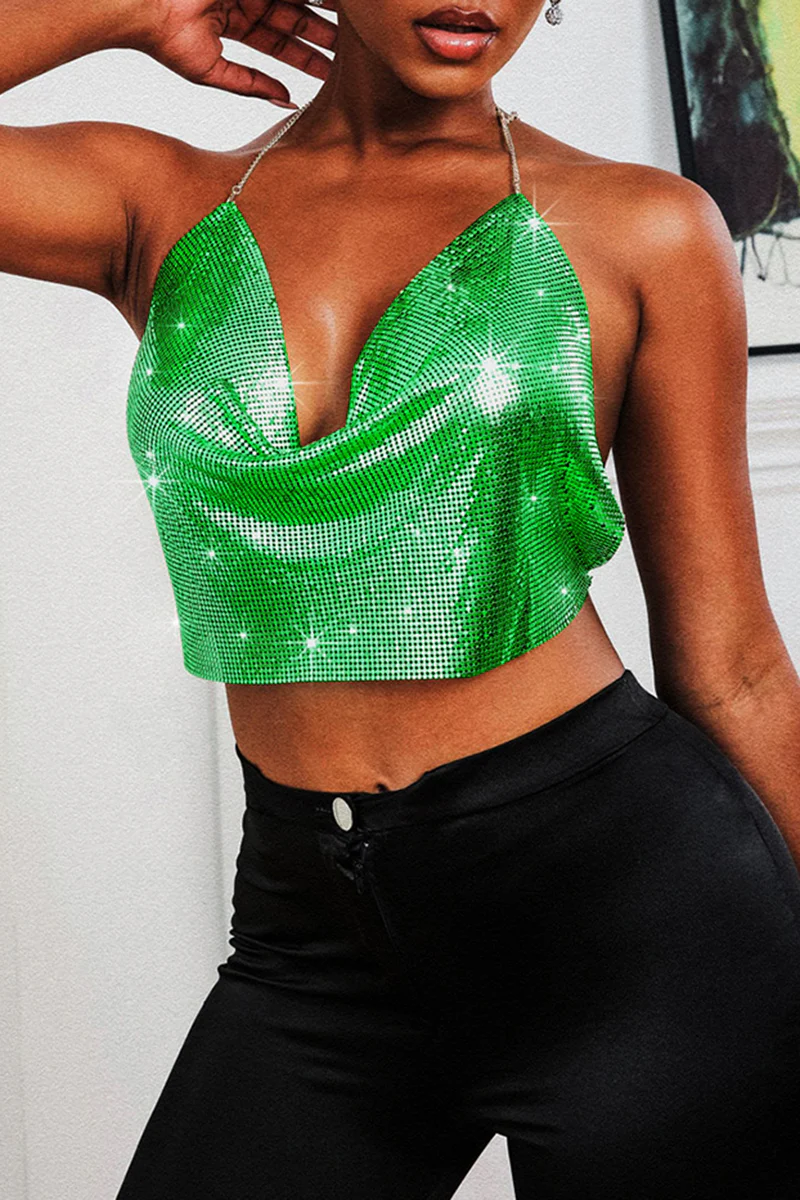Cowl Neckline Sequin Party Shimmery Halter Crop Top Gold - Image 12