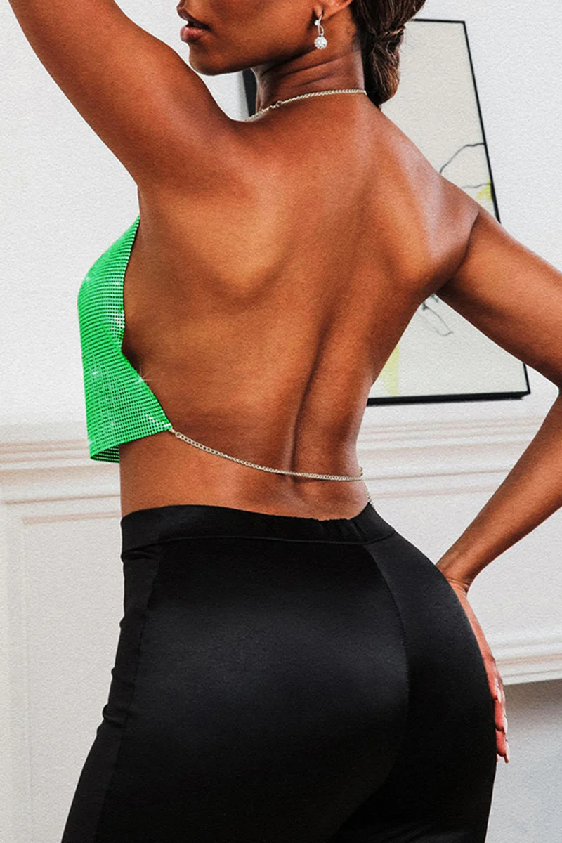 Cowl Neckline Sequin Party Shimmery Halter Crop Top Gold - Image 13
