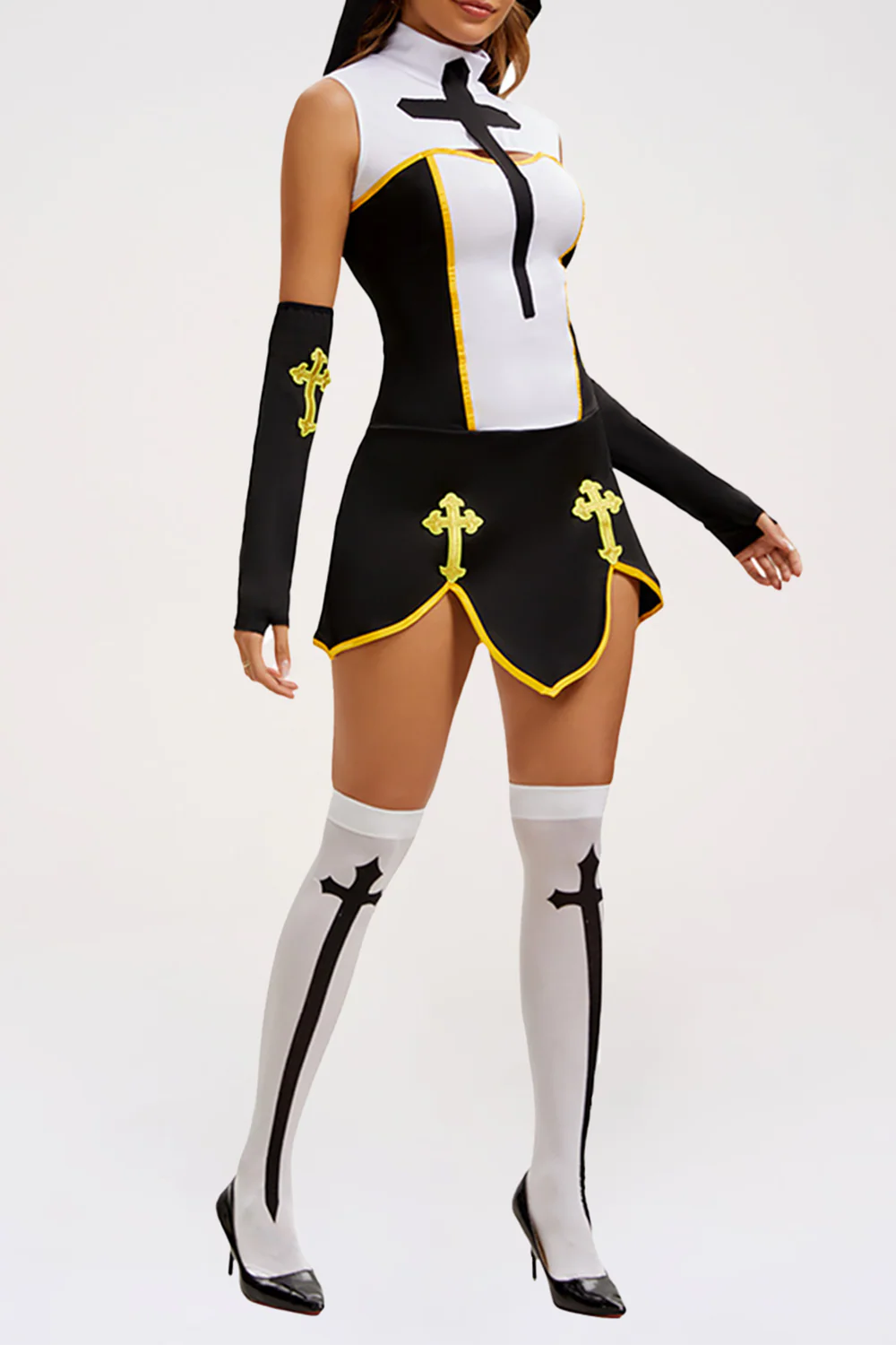 Cross Pattern High Neck Sleeveless Halloween Colorblock Mini Dresses-White - Image 2