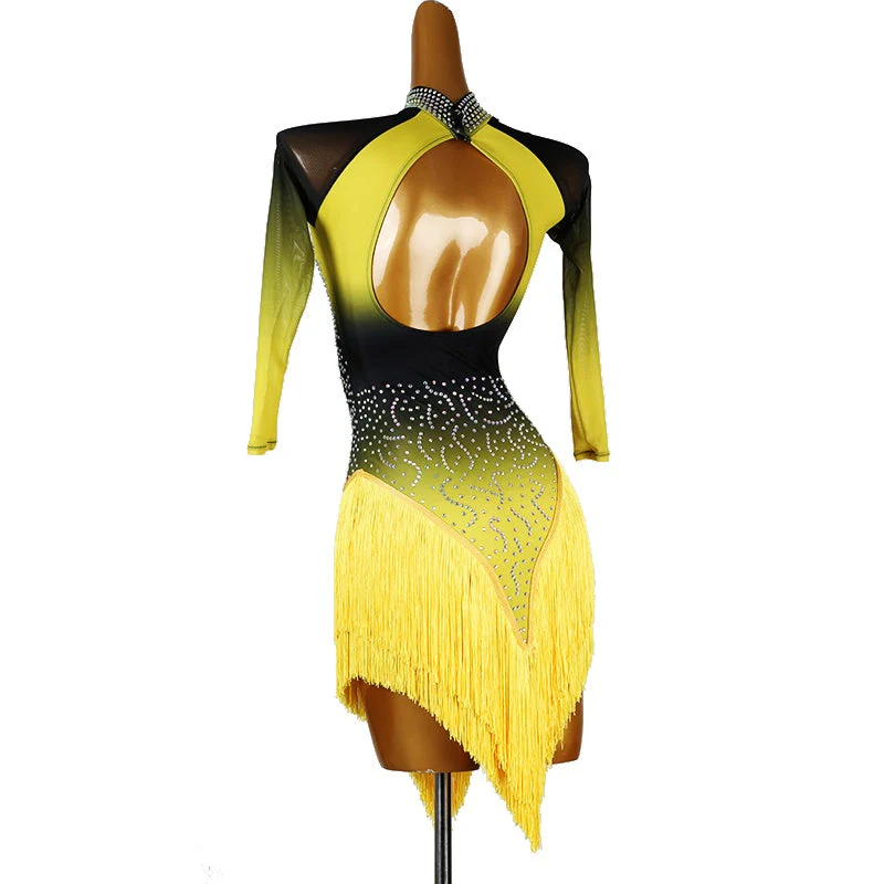 Customisable-Women's 3/4 Sleeve Yellow DanceWear Dance Dress Performance Wear - Image 3