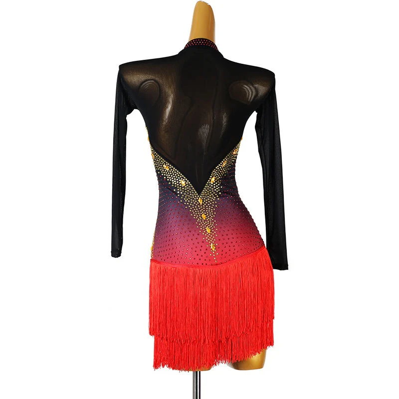 Customisable-Women's Black Long Sleeve Tassel DanceWear Dance Dress Performance Wear - Image 3