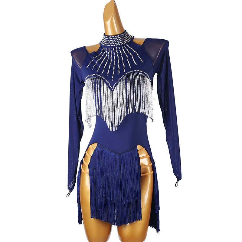 Customisable-Women's Dark Blue Long Sleeve Tassel DanceWear Dance Dress Performance Wear - Image 3