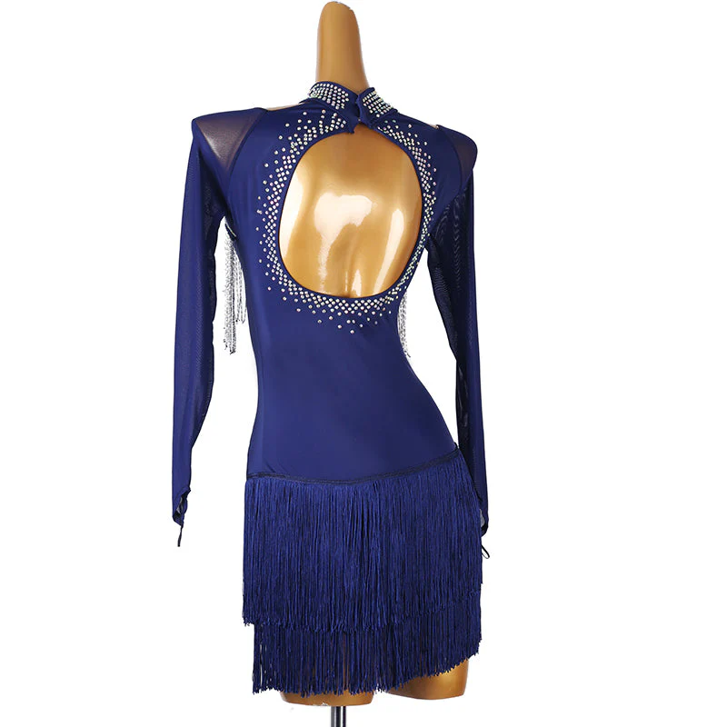 Customisable-Women's Dark Blue Long Sleeve Tassel DanceWear Dance Dress Performance Wear - Image 4