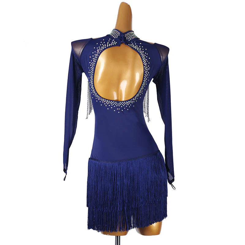 Customisable-Women's Dark Blue Long Sleeve Tassel DanceWear Dance Dress Performance Wear - Image 5