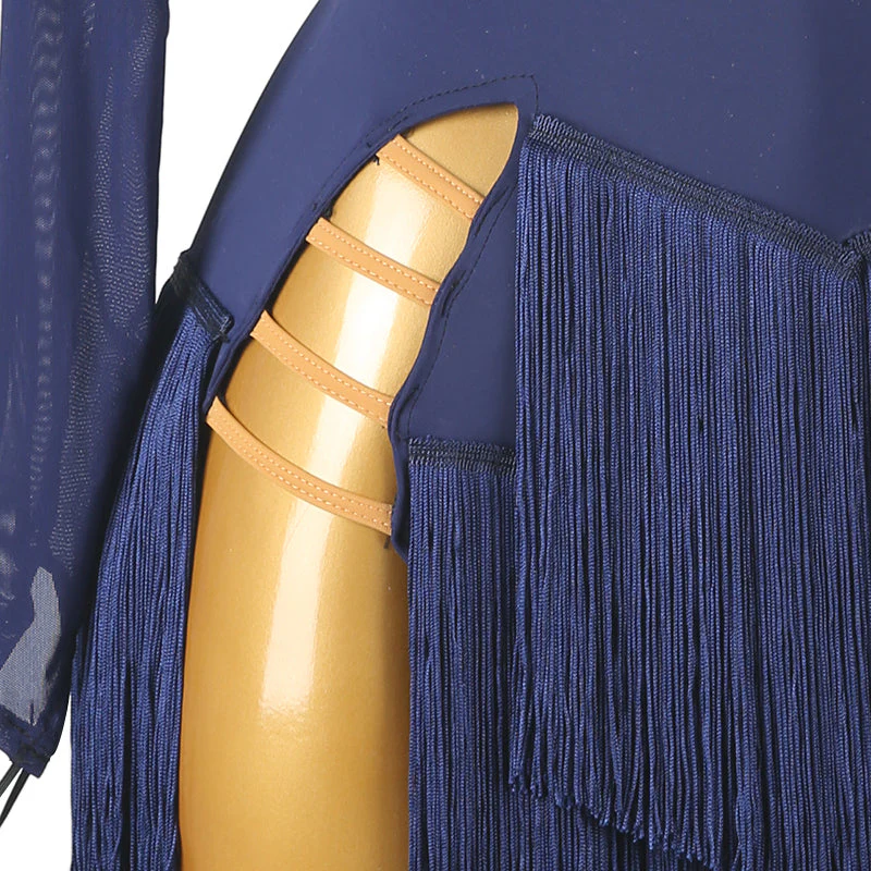 Customisable-Women's Dark Blue Long Sleeve Tassel DanceWear Dance Dress Performance Wear - Image 7