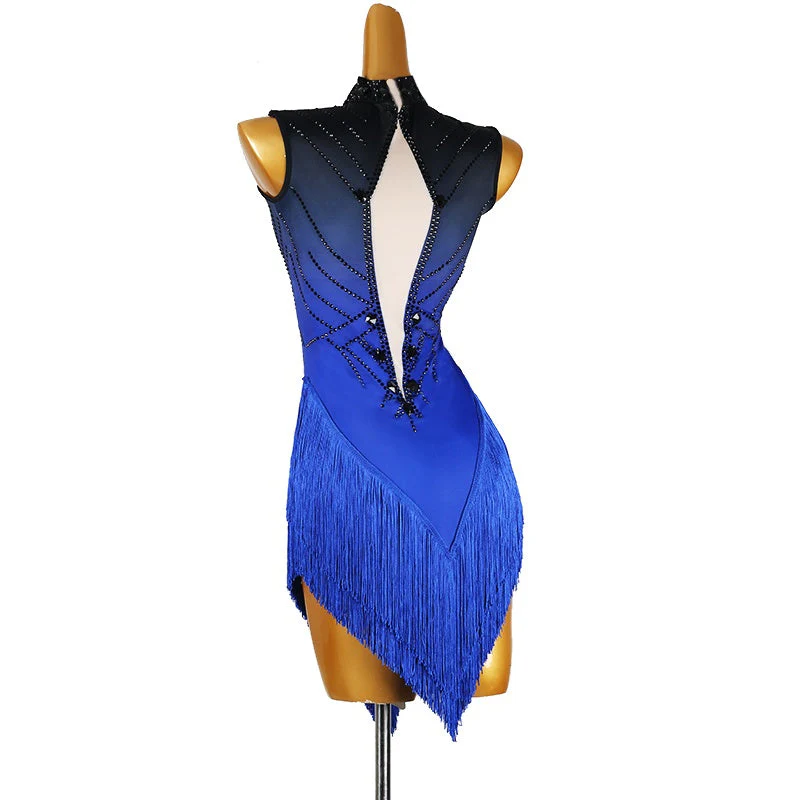 Customisable-Women's Rhinestone Royal Blue Rumba Latin Dance Dresses Performance Dresses - Image 3