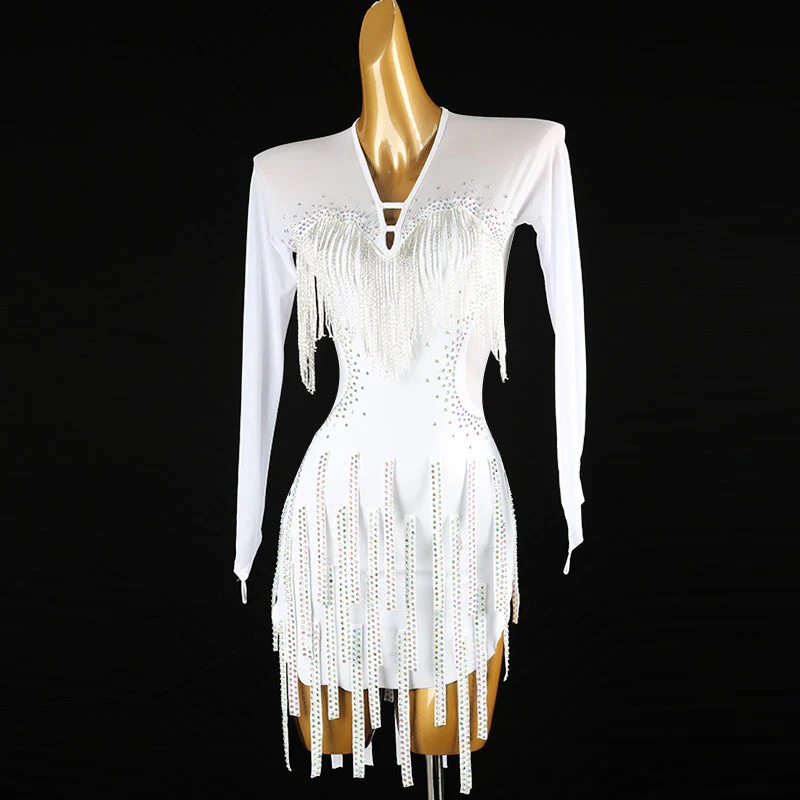 Customisable-Women's White V Neck Tassel DanceWear Dance Dress Performance Wear - Image 3