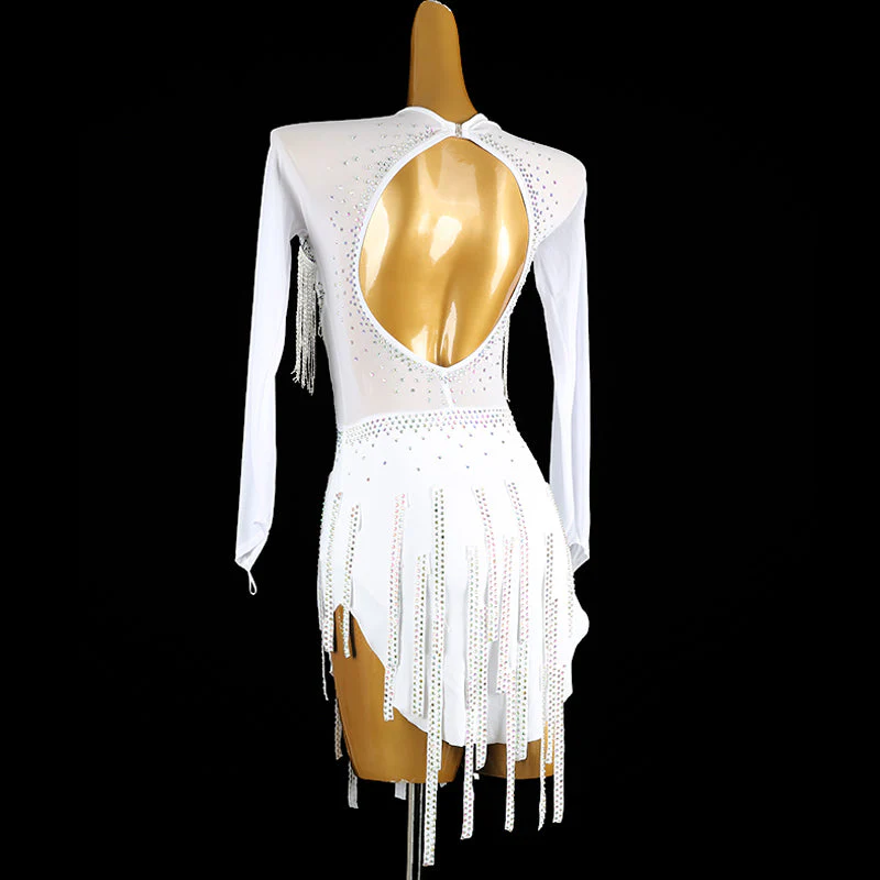 Customisable-Women's White V Neck Tassel DanceWear Dance Dress Performance Wear - Image 4