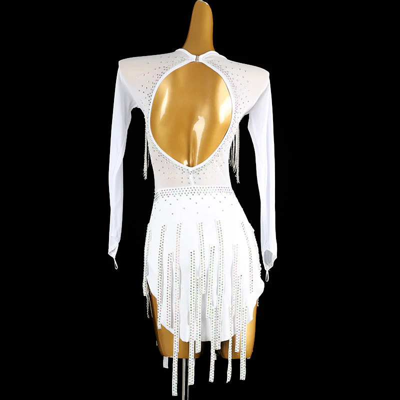 Customisable-Women's White V Neck Tassel DanceWear Dance Dress Performance Wear - Image 5
