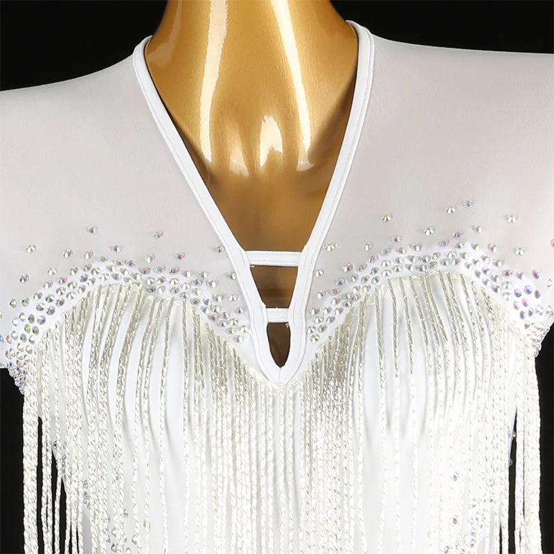 Customisable-Women's White V Neck Tassel DanceWear Dance Dress Performance Wear - Image 6