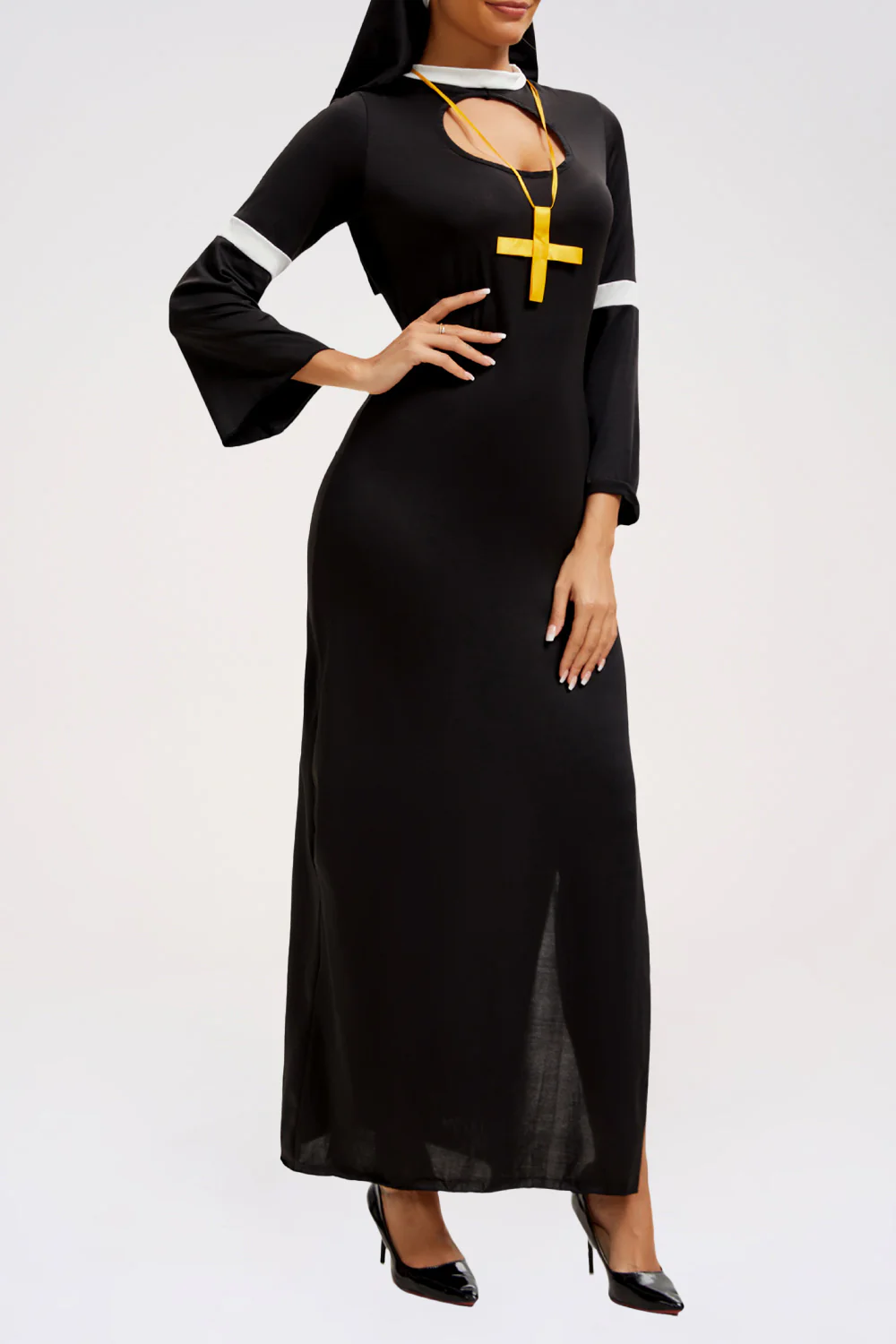 Cutout Flare Sleeve Slim Fit Side Slit Colorblock Nun Maxi Dresses-Black - Image 2
