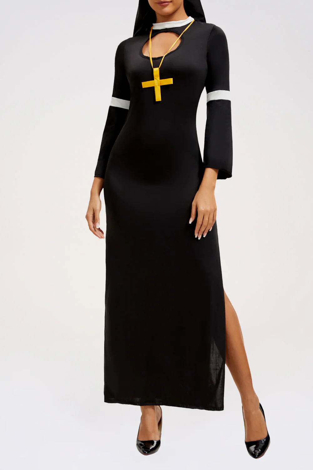 Cutout Flare Sleeve Slim Fit Side Slit Colorblock Nun Maxi Dresses-Black - Image 4