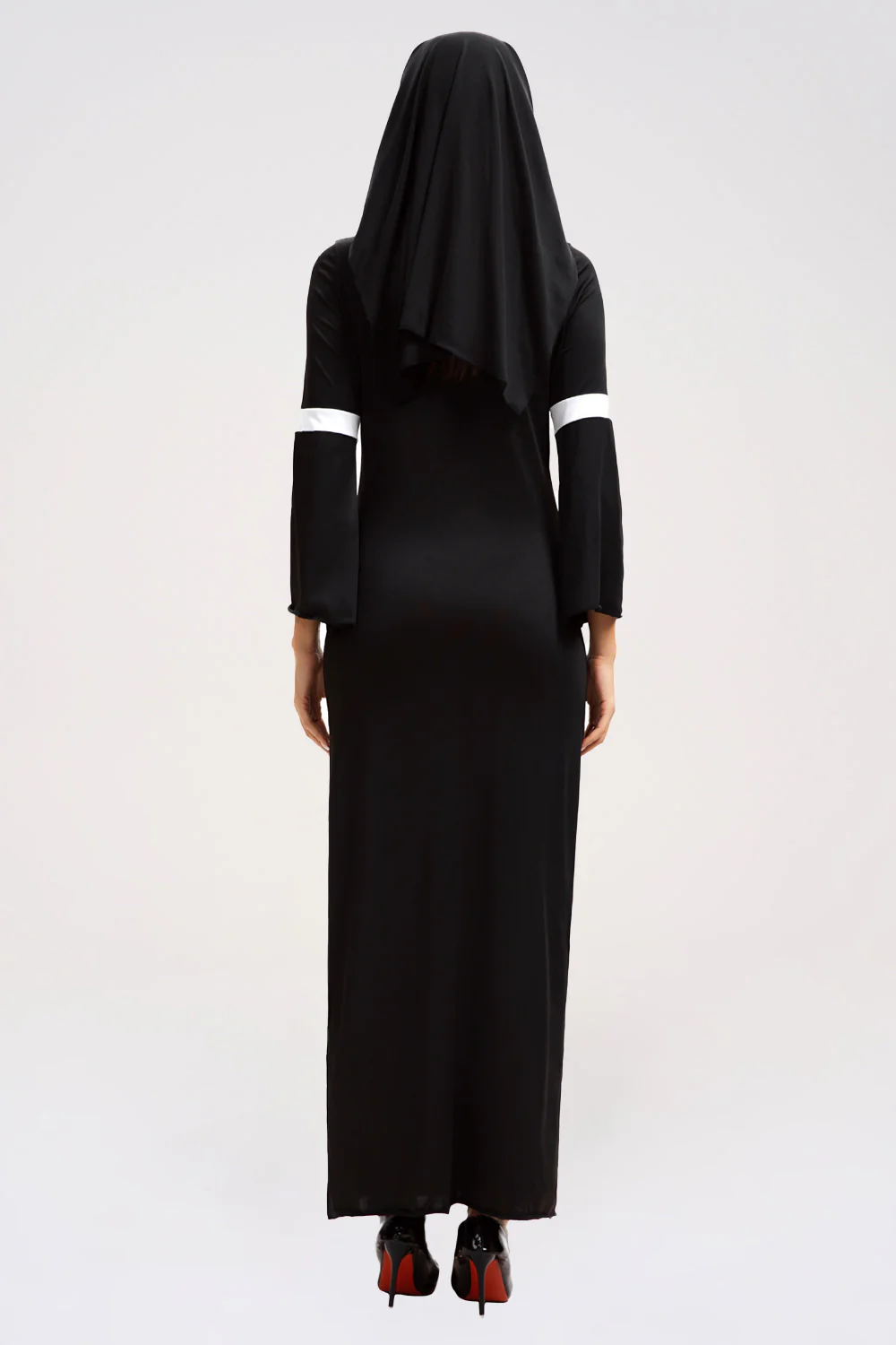 Cutout Flare Sleeve Slim Fit Side Slit Colorblock Nun Maxi Dresses-Black - Image 5
