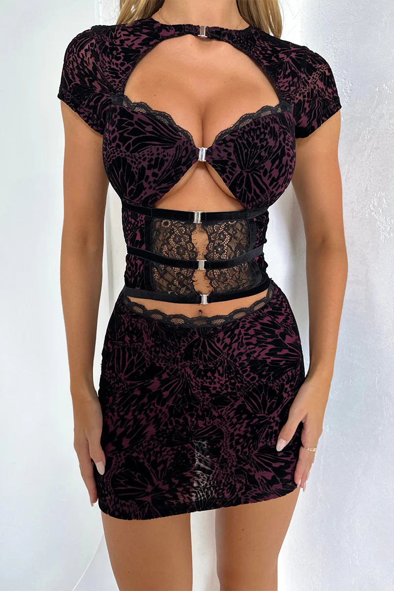 Cutout Lace Patchwork Short Sleeve Backless Jacquard Bare Midriff Mini Dresses Black - Image 2