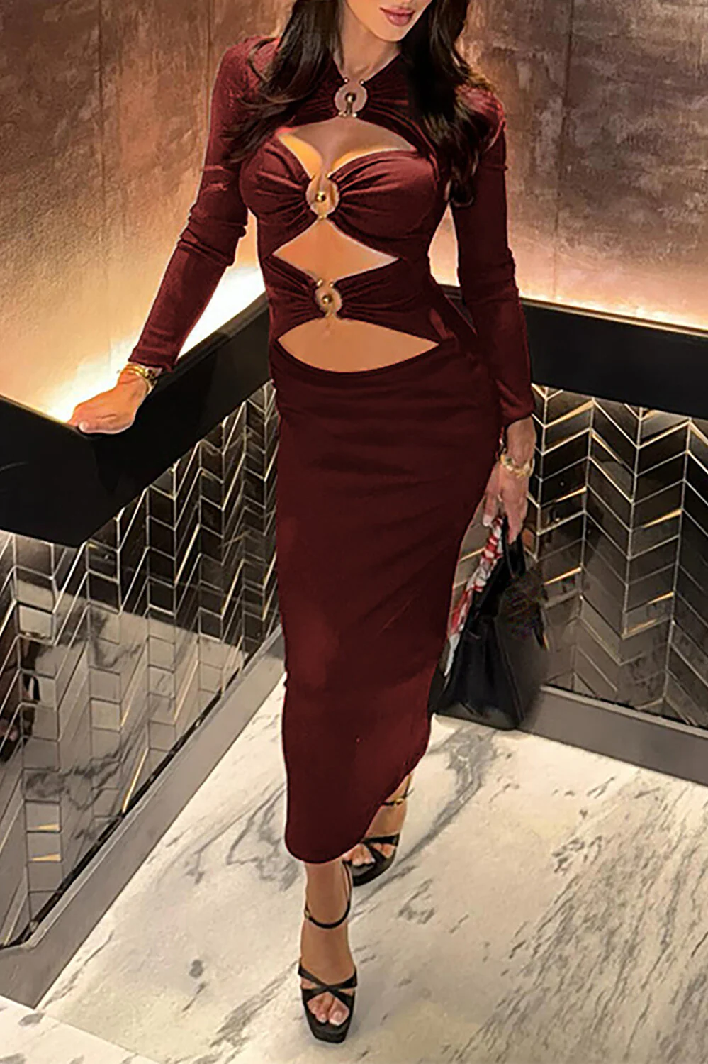 Cutout Long Sleeve Bodycon Solid Color Midi Dresses-ReddishBrown - Image 2