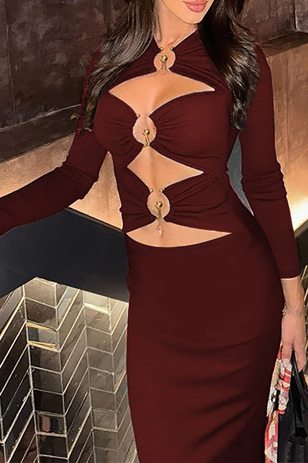 Cutout Long Sleeve Bodycon Solid Color Midi Dresses-ReddishBrown - Image 3