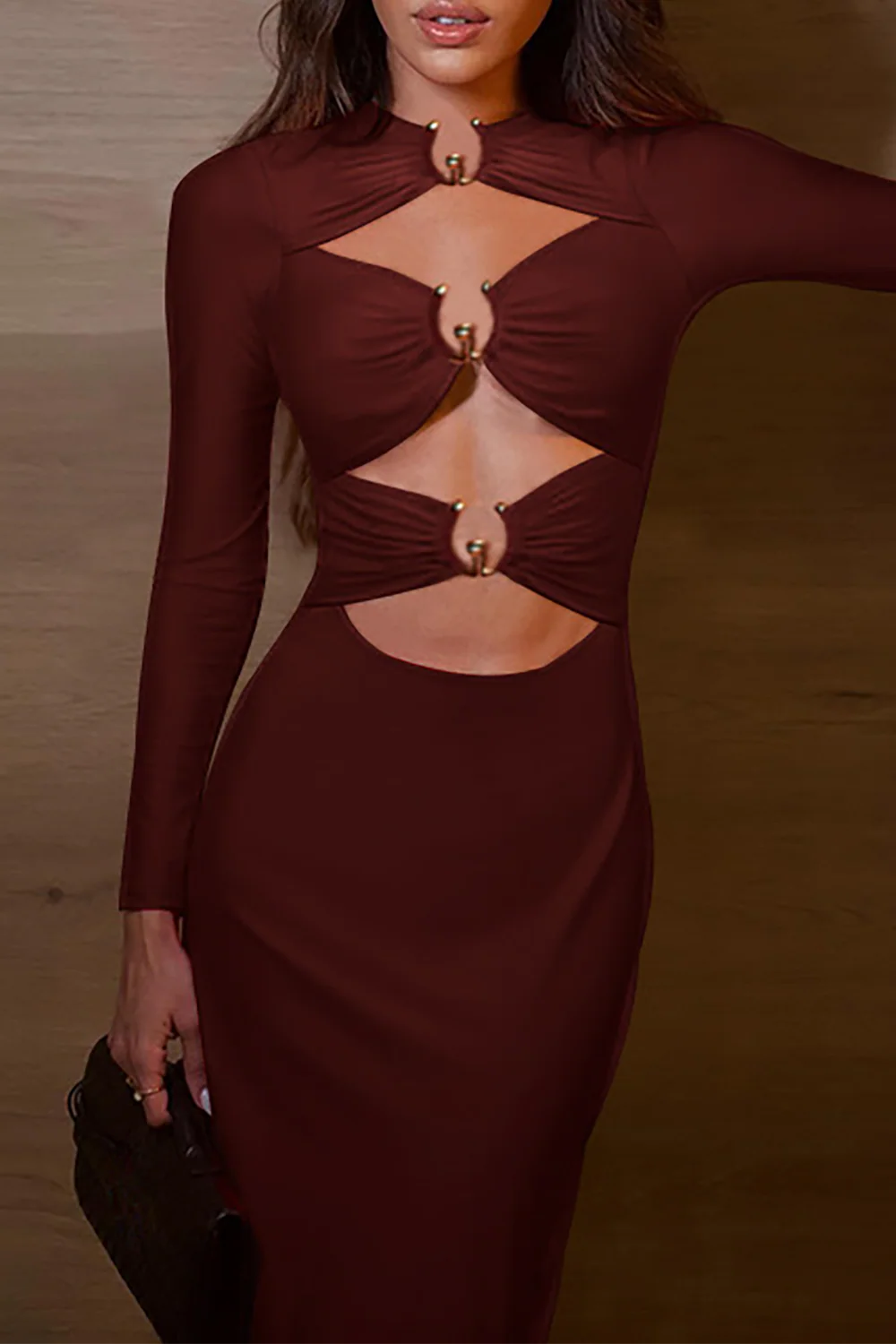 Cutout Long Sleeve Bodycon Solid Color Midi Dresses-ReddishBrown - Image 5
