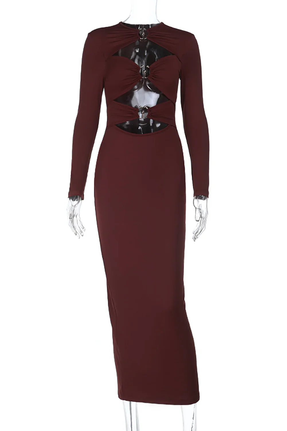 Cutout Long Sleeve Bodycon Solid Color Midi Dresses-ReddishBrown - Image 6