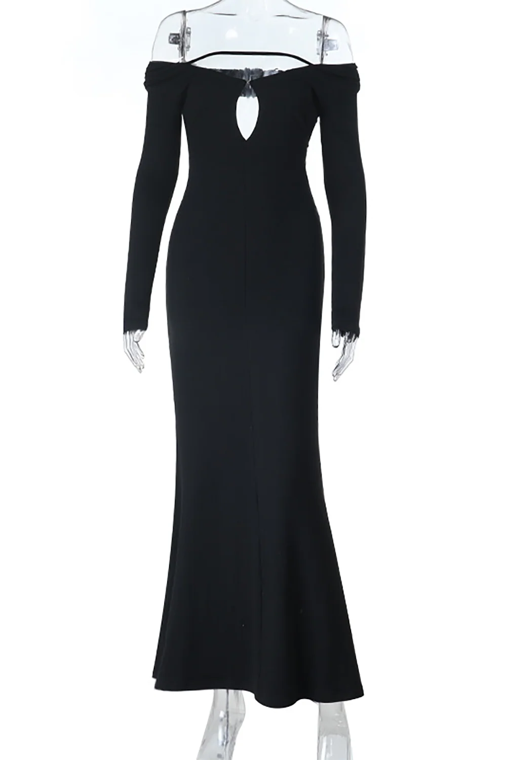 Cutout Off Shoulder Long Sleeve Backless Fitted Fishtail Maxi Dresses-Black - Image 6