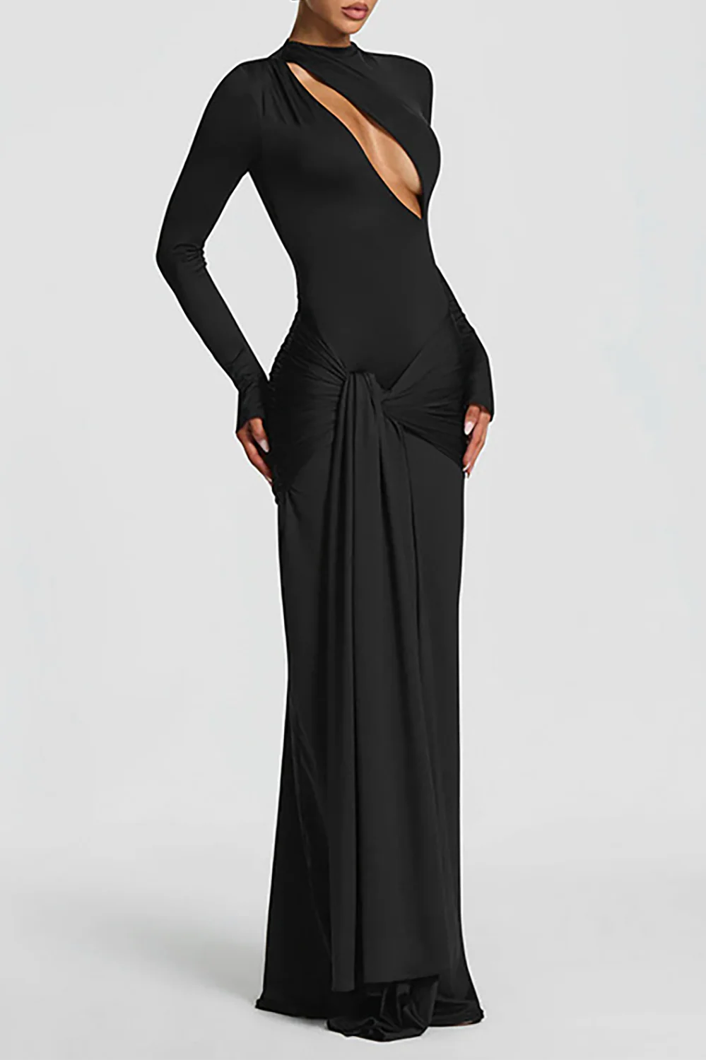 Cutout Round Neck Long Sleeve Ruched Long Streamer Slim Fit Maxi Dresses-Purple - Image 10