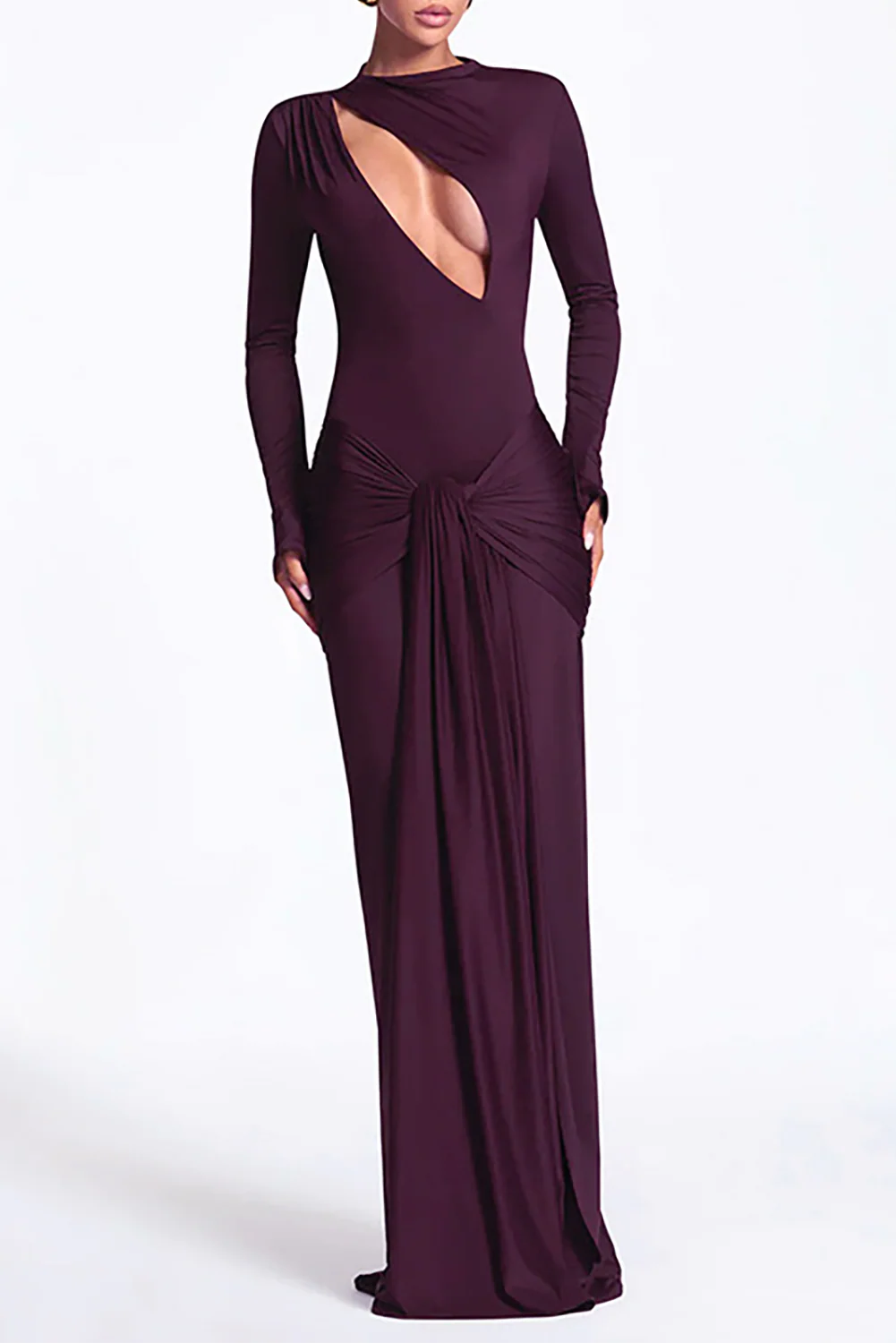 Cutout Round Neck Long Sleeve Ruched Long Streamer Slim Fit Maxi Dresses-Purple - Image 2