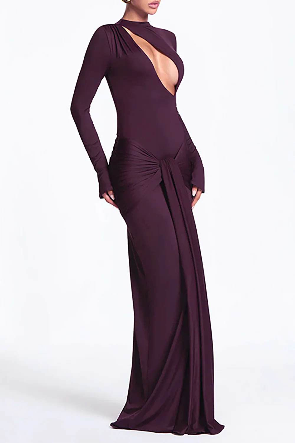 Cutout Round Neck Long Sleeve Ruched Long Streamer Slim Fit Maxi Dresses-Purple - Image 3