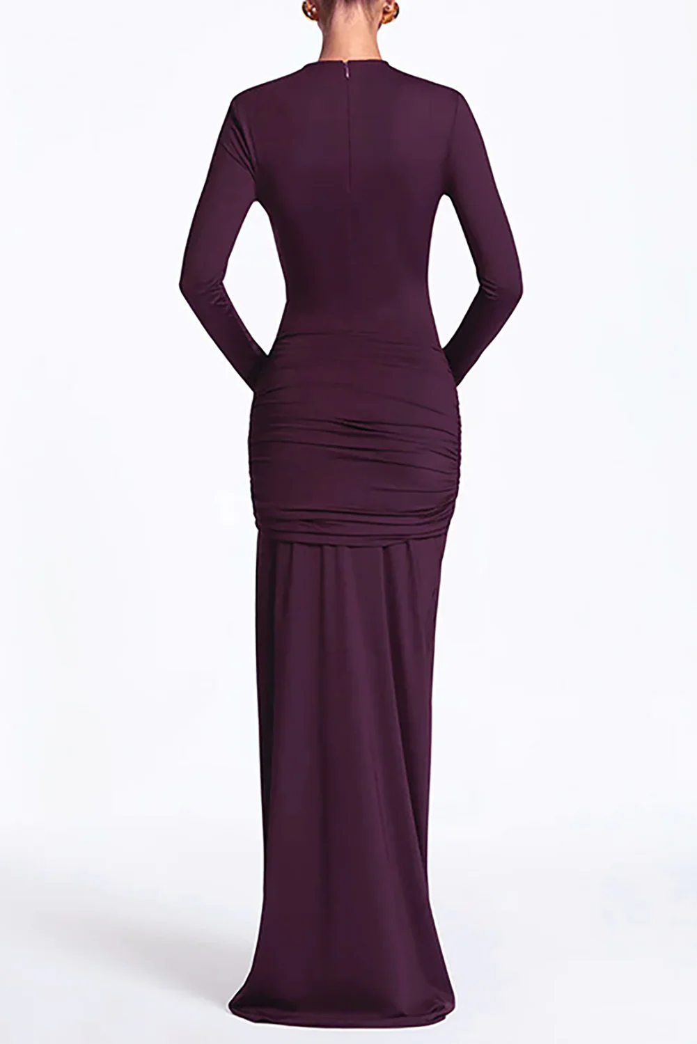Cutout Round Neck Long Sleeve Ruched Long Streamer Slim Fit Maxi Dresses-Purple - Image 4