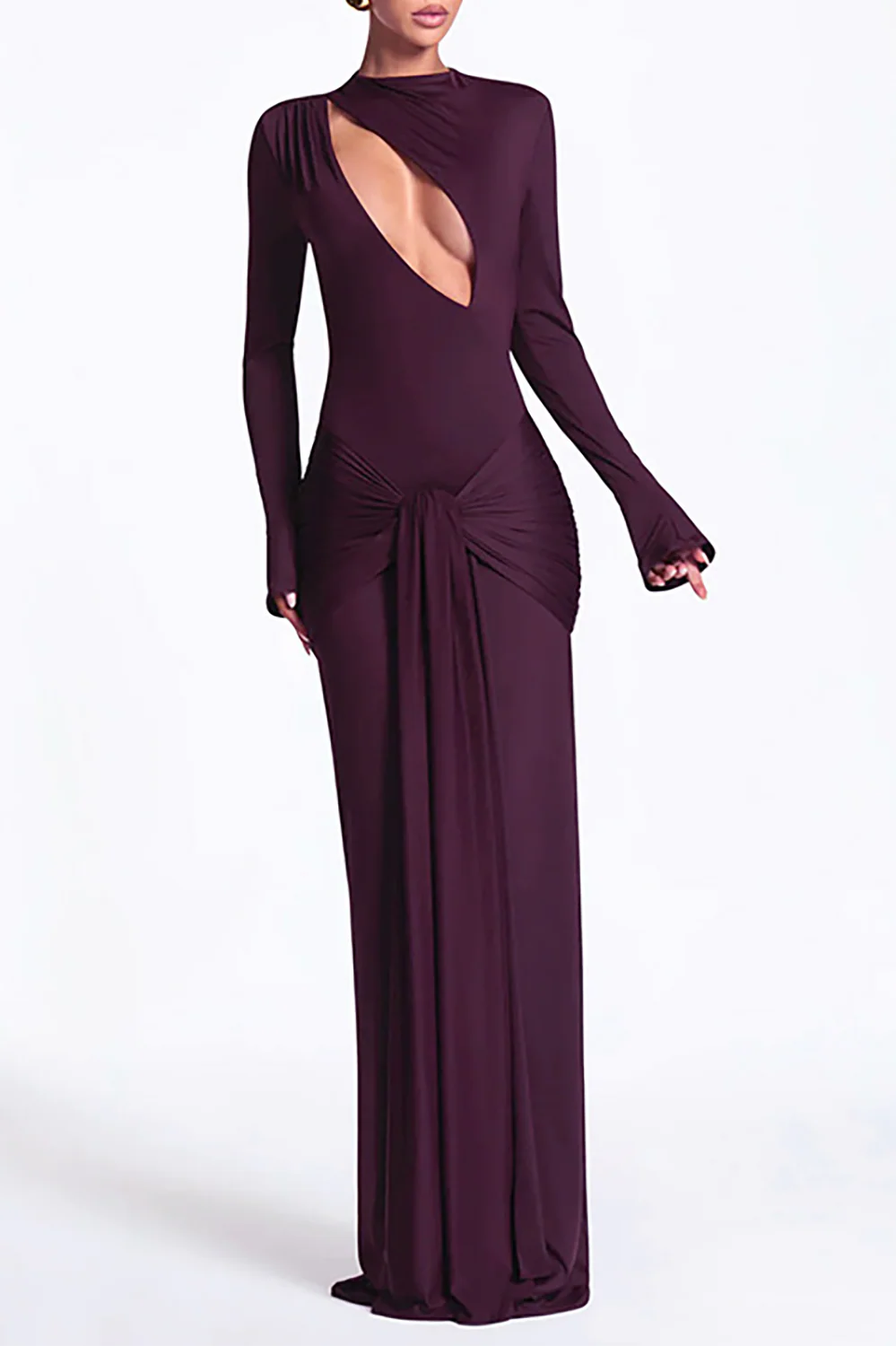 Cutout Round Neck Long Sleeve Ruched Long Streamer Slim Fit Maxi Dresses-Purple - Image 5