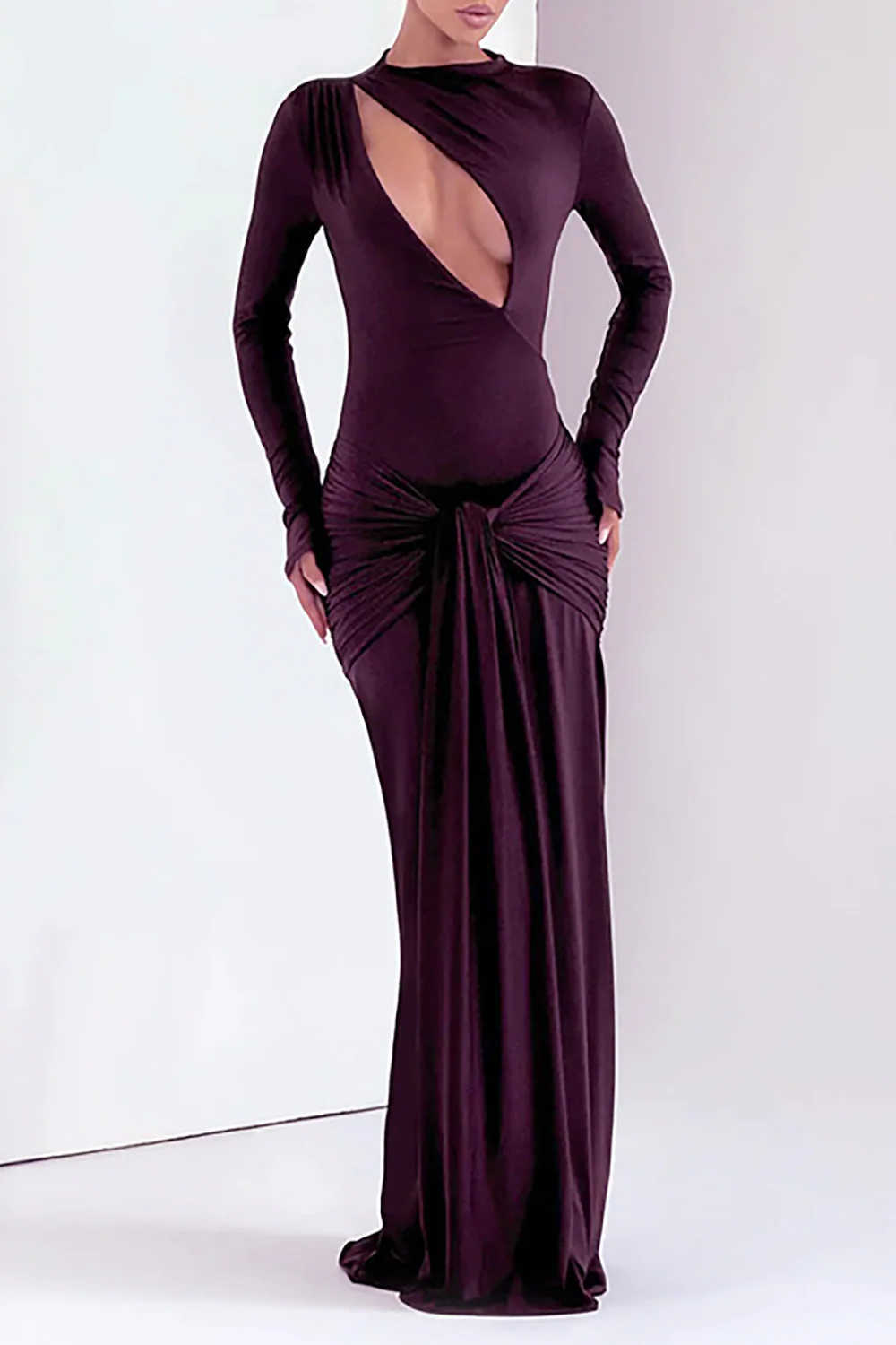 Cutout Round Neck Long Sleeve Ruched Long Streamer Slim Fit Maxi Dresses-Purple - Image 6
