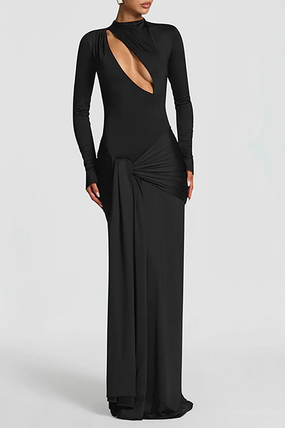 Cutout Round Neck Long Sleeve Ruched Long Streamer Slim Fit Maxi Dresses-Purple - Image 7