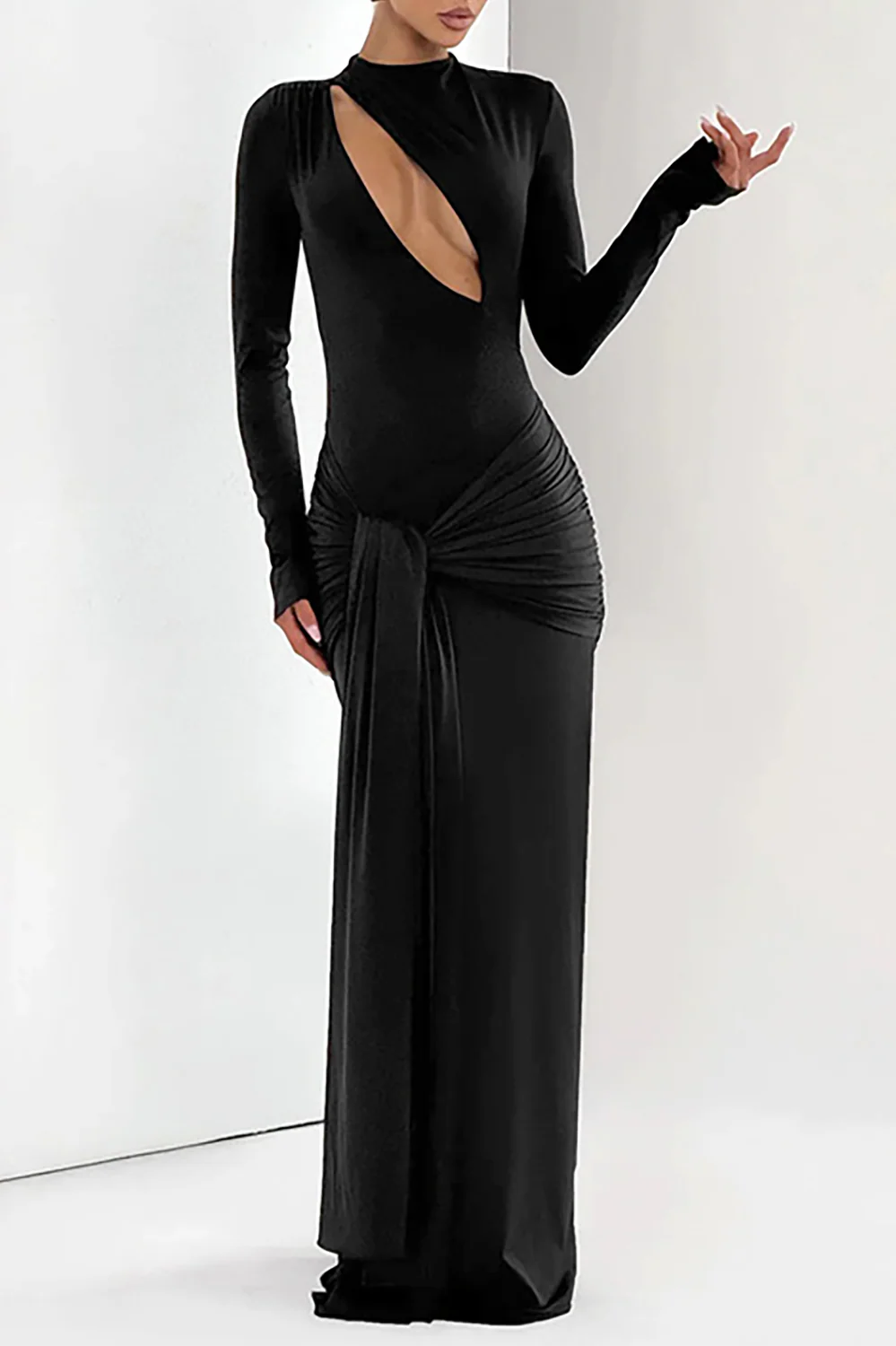 Cutout Round Neck Long Sleeve Ruched Long Streamer Slim Fit Maxi Dresses-Purple - Image 8