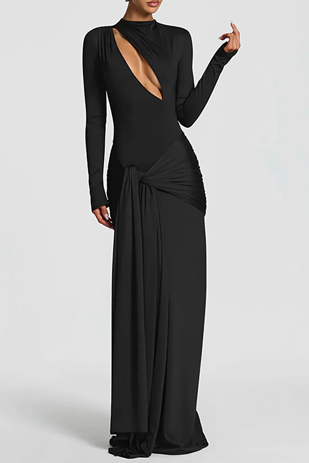 Cutout Round Neck Long Sleeve Ruched Long Streamer Slim Fit Maxi Dresses-Purple - Image 9