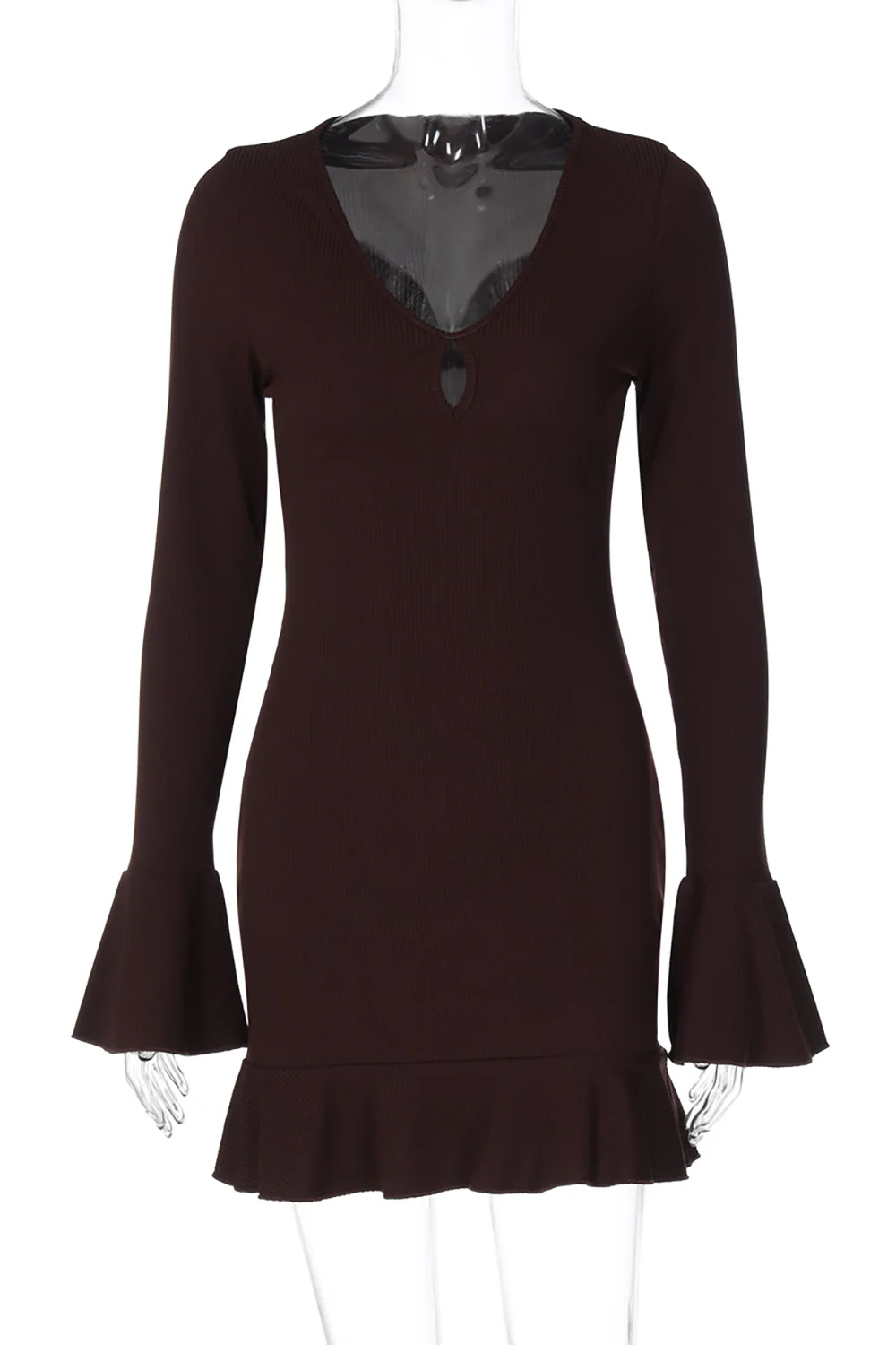 Cutout V Neck Flare Sleeve Slim Fit Ruffled Mini Dresses-Red - Image 10