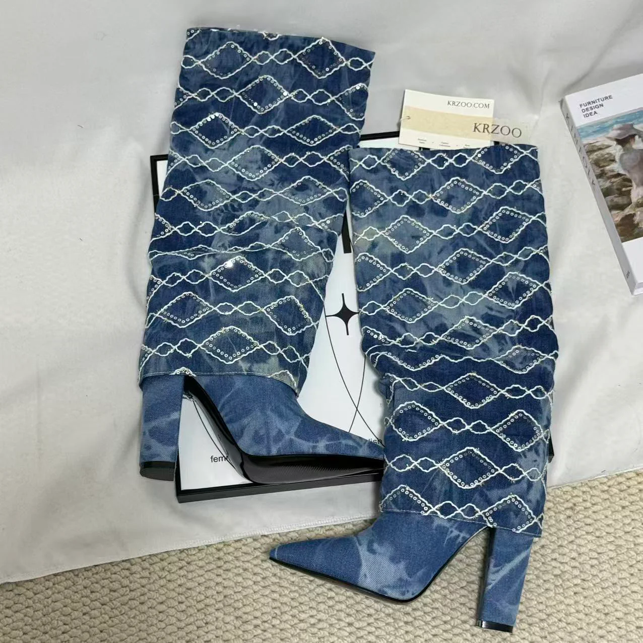 Dark Blue Chunky-Heel Cowboy Boots - Image 2