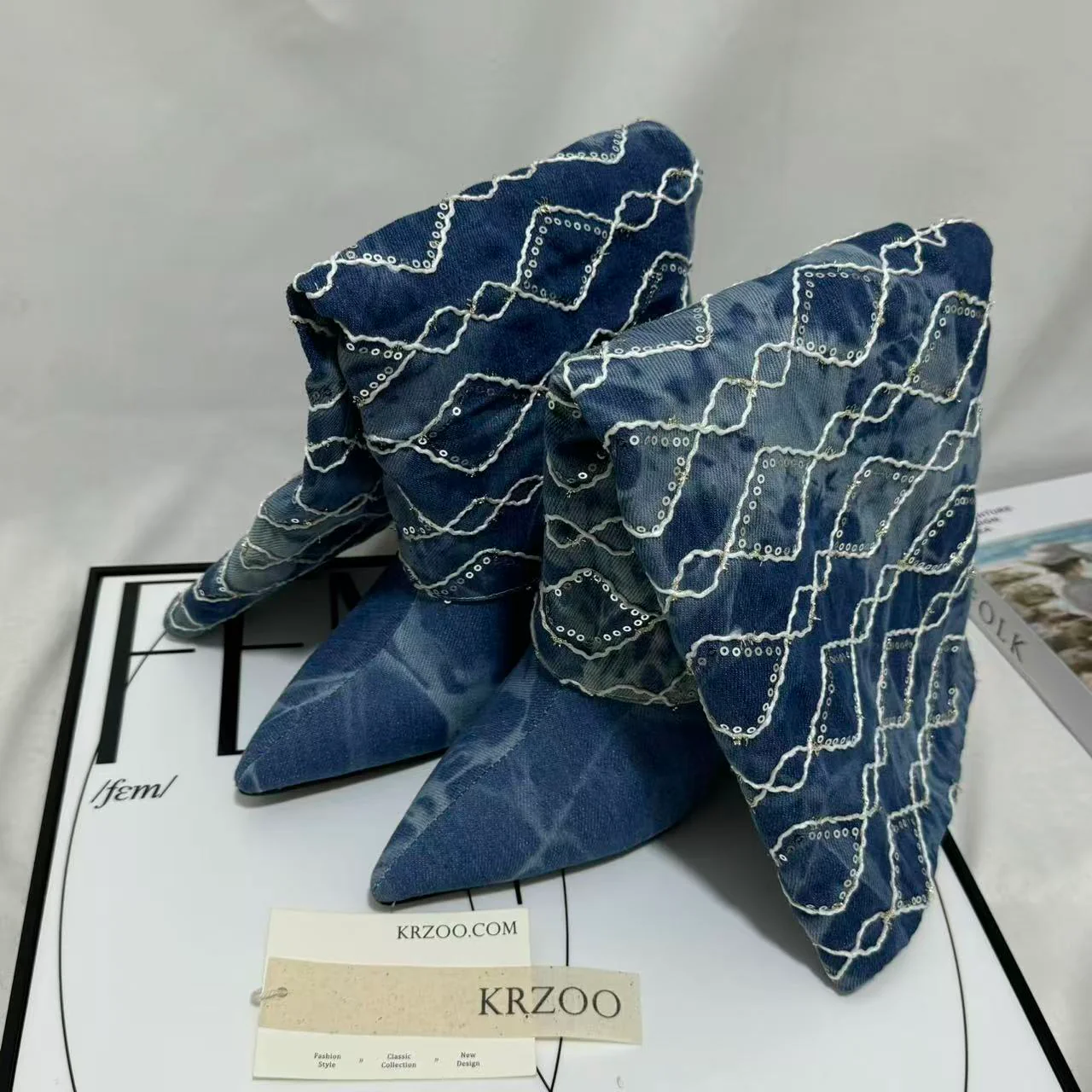 Dark Blue Chunky-Heel Cowboy Boots - Image 3