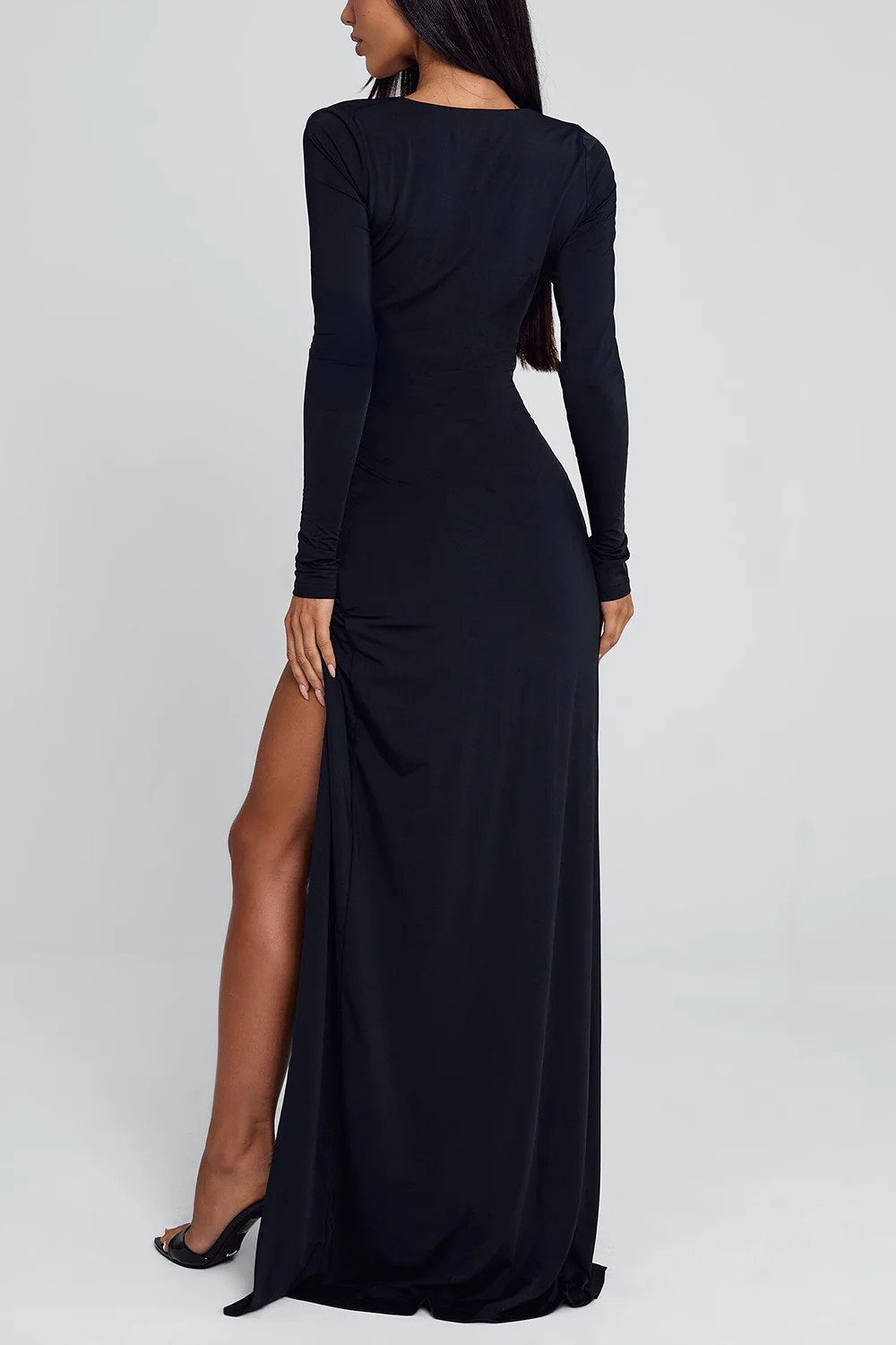 Deep V Neck Cut Out Ruched High Slit Party Maxi Dresses-Black Pre Order - Image 3