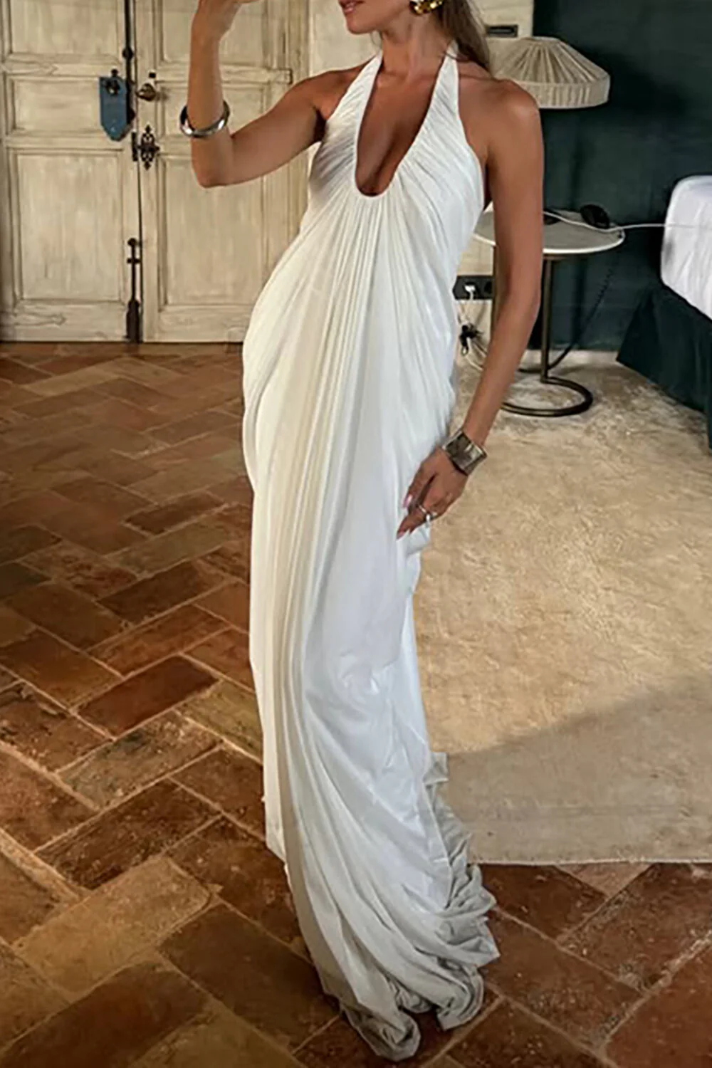 Deep V Neck Halter Ruched Solid Color Maxi Dresses-White - Image 2